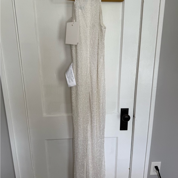 NWT Mac Duggal White Beaded Sleeveless High Neck Column Gown - Picture 6 of 7